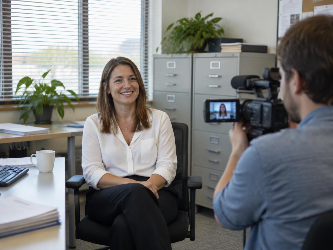A colleague being interviewed on camera in an ordinary office