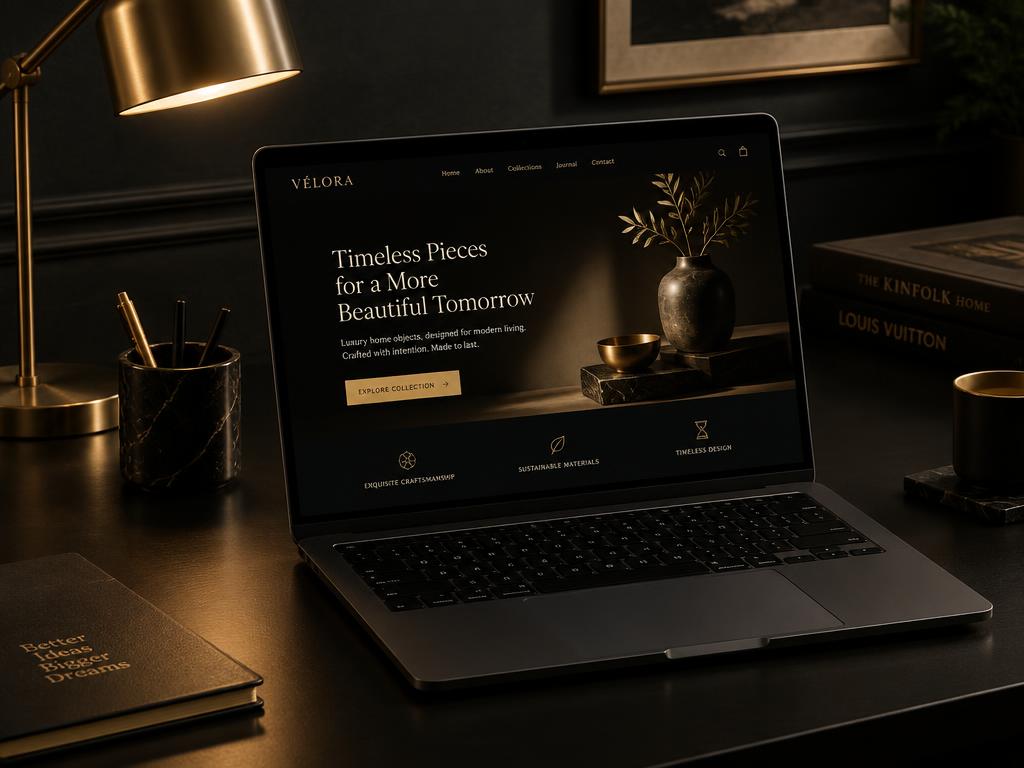A premium website on a laptop, lit by warm gold light on a dark desk